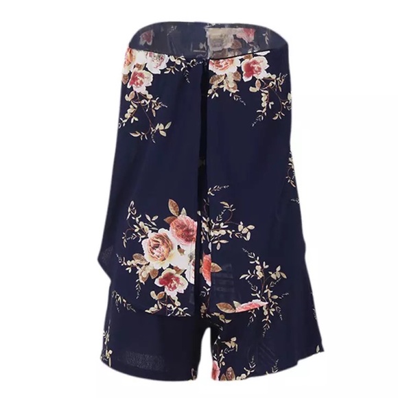 Strapless Overlay Split Back Navy Floral Romper - Picture 3 of 4
